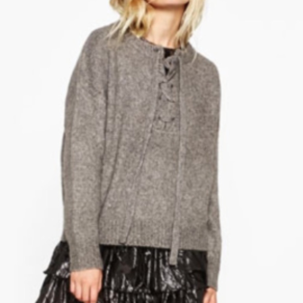 Zara Gray Lace Up Wool Sweater